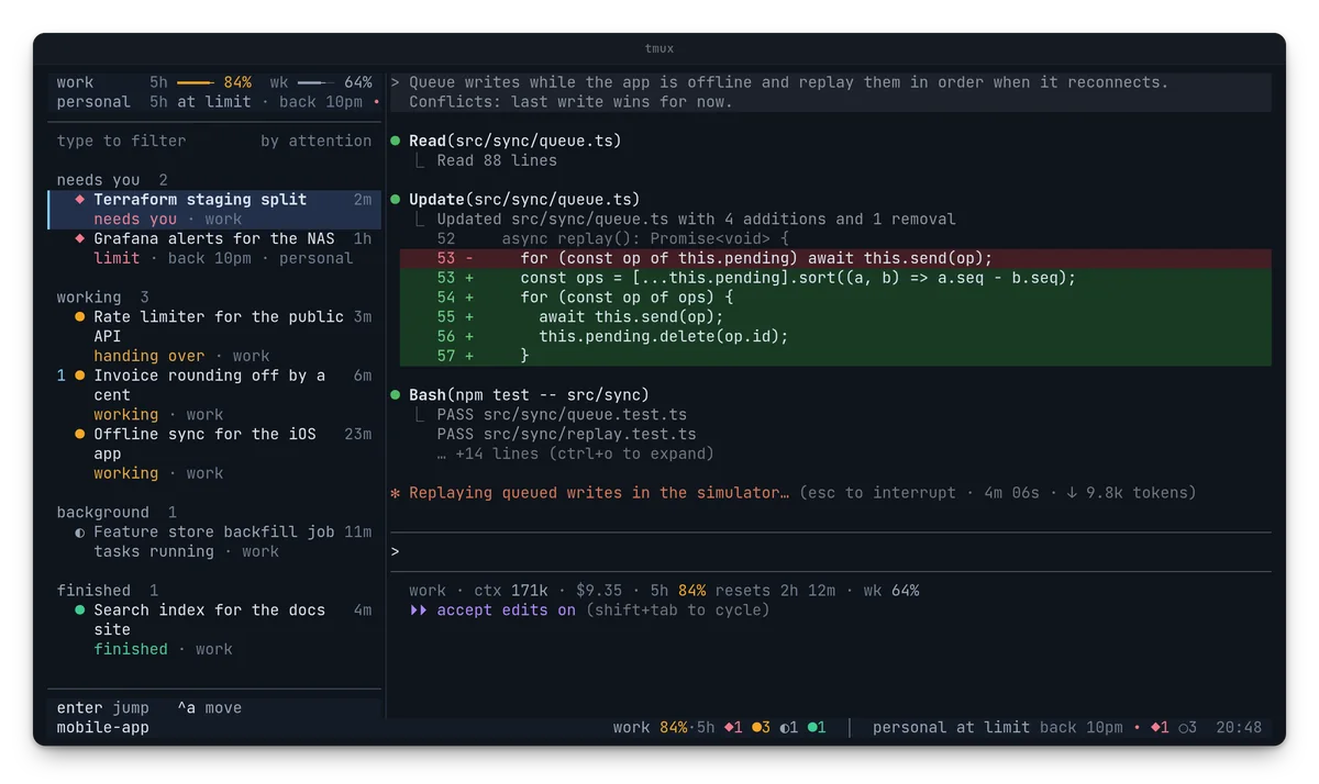 alt-b: the session list down the side of an ordinary tmux window, beside a session at work
